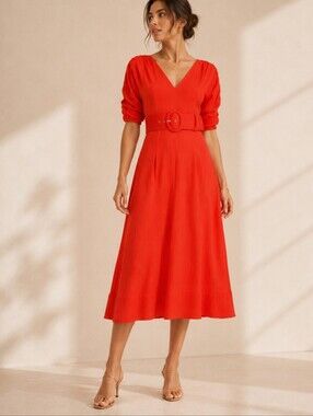 NEW! Revolve Nicholas Red Gathered Sleeve Belted Midi Dress 2